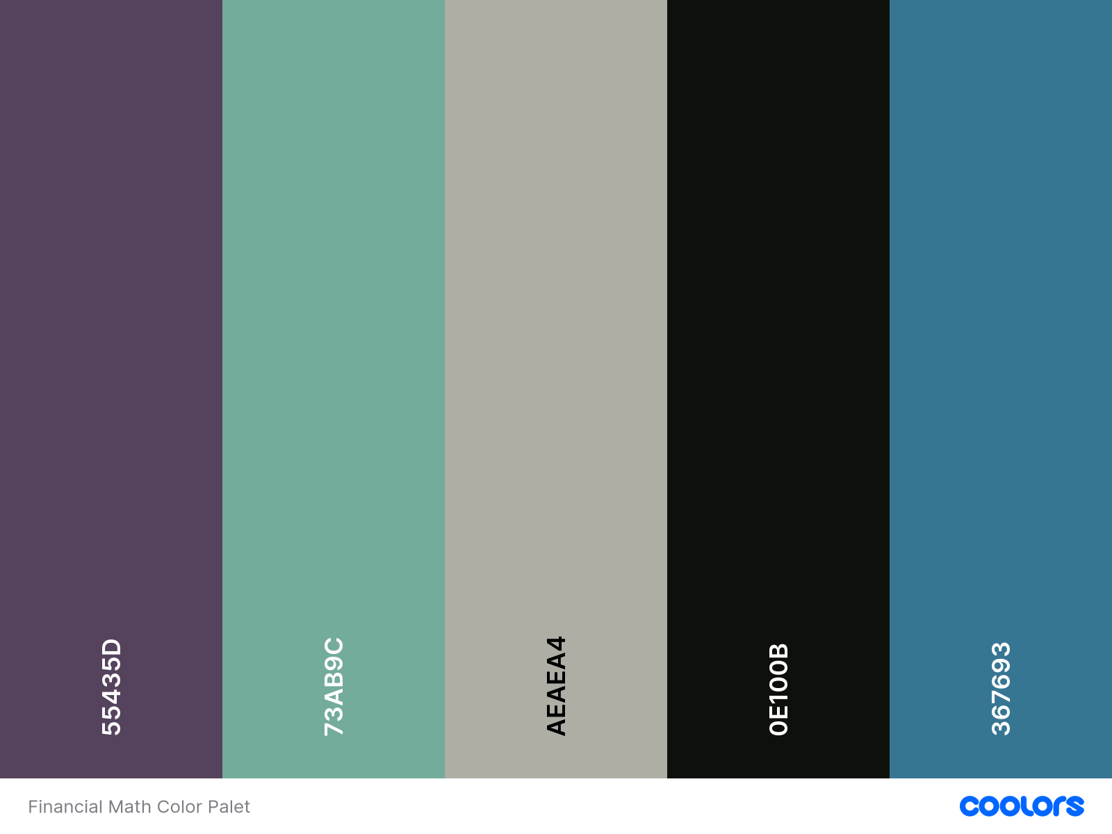 Color pallet for financial math #55435D, #73AB9C, #AEAEA4, #0E100B, #367693